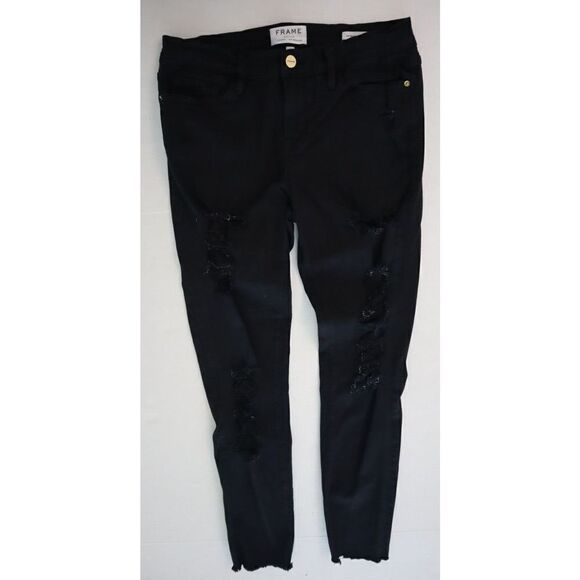 Frame Women Sz 29 Black Film Noir Le Skinny de Jeanne Distressed Denim Jeans $20 - Picture 1 of 8